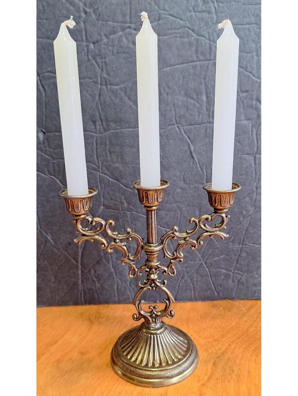 VTG Candelabra 3 Arm Candlestick Holder w/3 White Candles Scroll Design Italy 5"